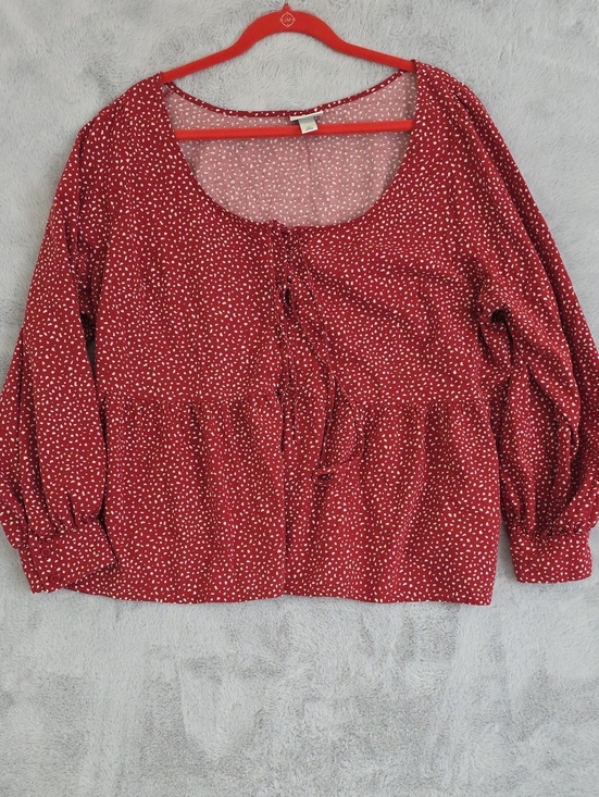 Ava & Viv Tops - *Ava & Viv Plus Size 2X Red Ditsy Floral Peplum Blouse Tie Neck Puff Sleeve